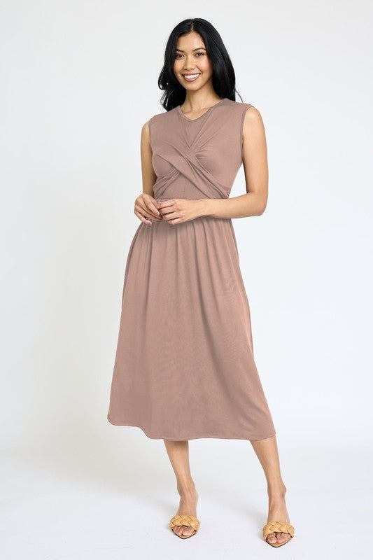 Sleeveless Cross-Over Bodice Midi Dress-Charmful Clothing Boutique