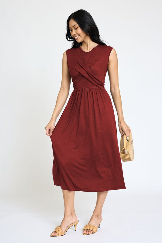 Sleeveless Cross-Over Bodice Midi Dress-Charmful Clothing Boutique