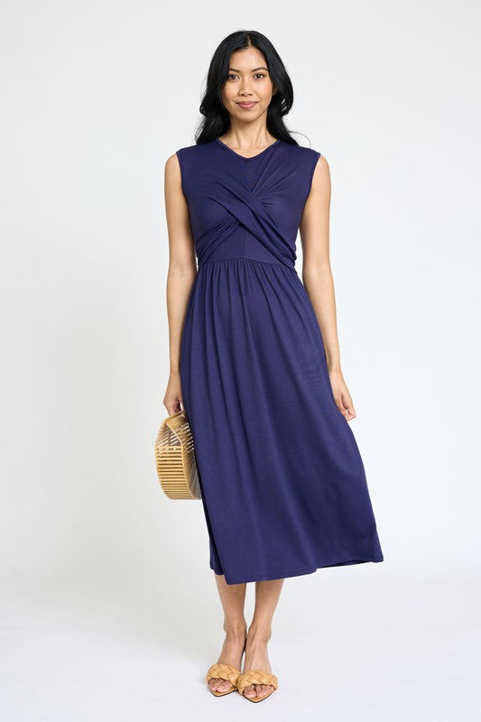 Sleeveless Cross-Over Bodice Midi Dress-Charmful Clothing Boutique