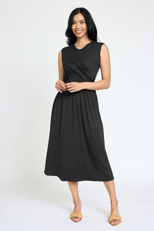 Sleeveless Cross-Over Bodice Midi Dress-Charmful Clothing Boutique
