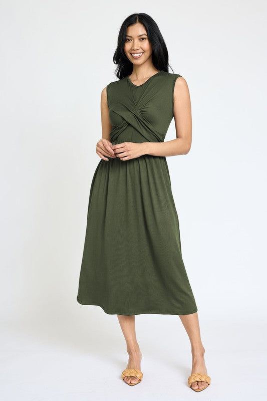 Sleeveless Cross-Over Bodice Midi Dress-Charmful Clothing Boutique