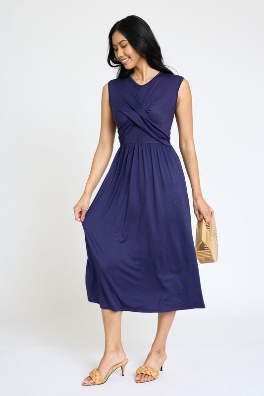 Sleeveless Cross-Over Bodice Midi Dress-Charmful Clothing Boutique
