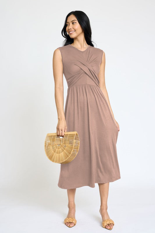 Sleeveless Cross-Over Bodice Midi Dress-Charmful Clothing Boutique