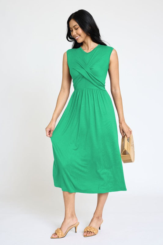 Sleeveless Cross-Over Bodice Midi Dress-Charmful Clothing Boutique