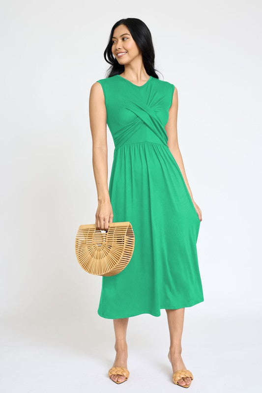 Sleeveless Cross-Over Bodice Midi Dress-Charmful Clothing Boutique
