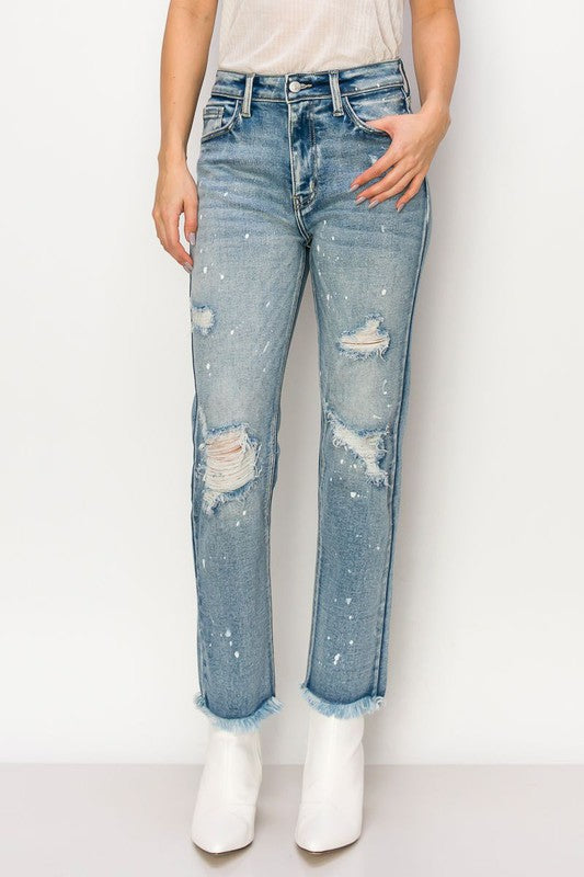 HIGH RISE DISTRESSED STRAIGHT WITH FRAY HEM JEANS-Charmful Clothing Boutique