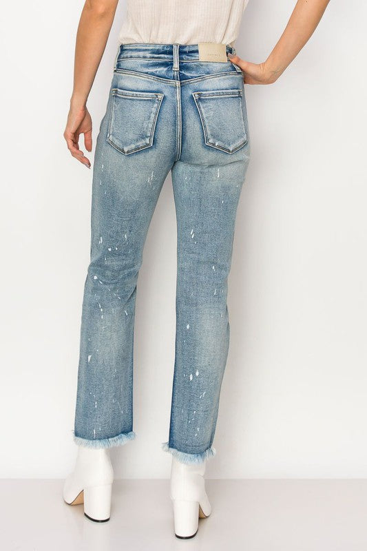 HIGH RISE DISTRESSED STRAIGHT WITH FRAY HEM JEANS-Charmful Clothing Boutique