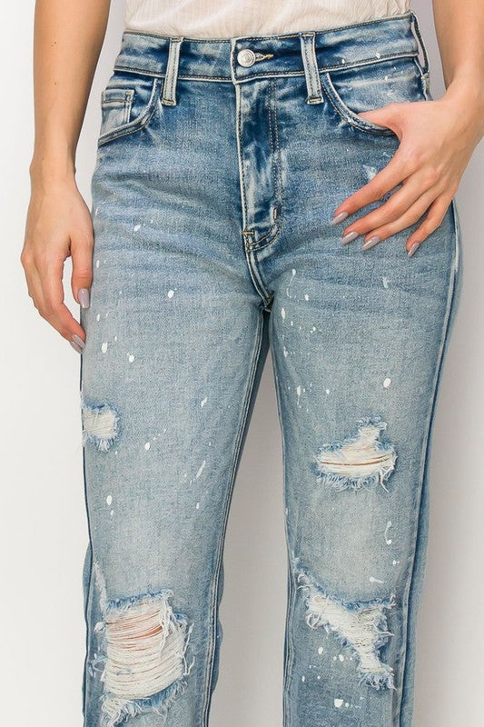 HIGH RISE DISTRESSED STRAIGHT WITH FRAY HEM JEANS-Charmful Clothing Boutique