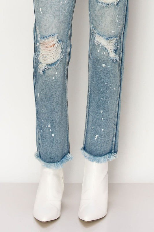 HIGH RISE DISTRESSED STRAIGHT WITH FRAY HEM JEANS-Charmful Clothing Boutique