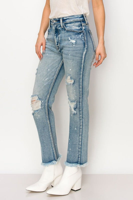 HIGH RISE DISTRESSED STRAIGHT WITH FRAY HEM JEANS-Charmful Clothing Boutique