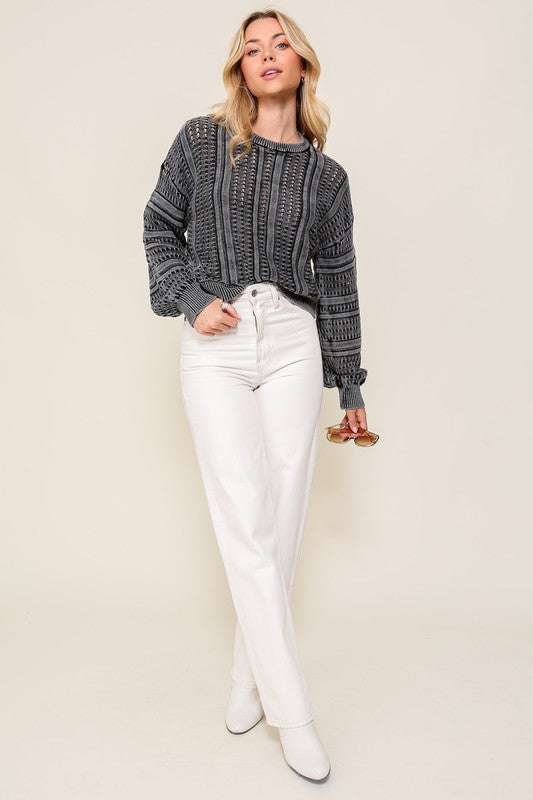 Acid Wash Round Neck Sweater-Charmful Clothing Boutique