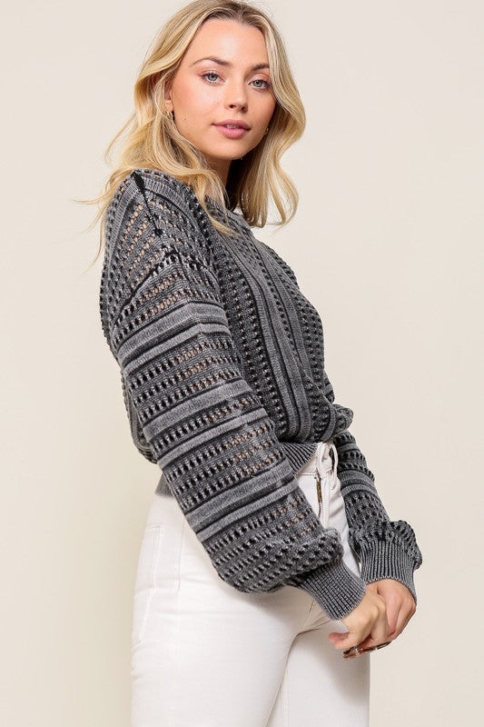Acid Wash Round Neck Sweater-Charmful Clothing Boutique