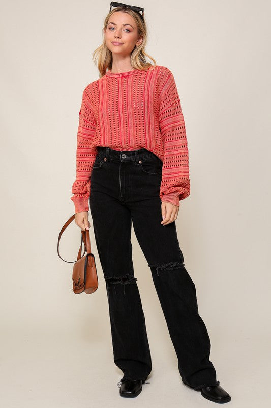 Acid Wash Round Neck Sweater-Charmful Clothing Boutique