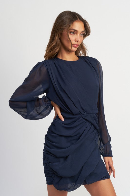 LONG SLEEVE RUCHED MINI DRESS-Charmful Clothing Boutique