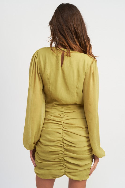 LONG SLEEVE RUCHED MINI DRESS-Charmful Clothing Boutique