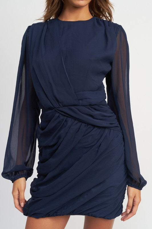 LONG SLEEVE RUCHED MINI DRESS-Charmful Clothing Boutique