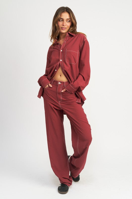 CONTRASTED STITCH BUTTON DOWN SHIRT-Charmful Clothing Boutique