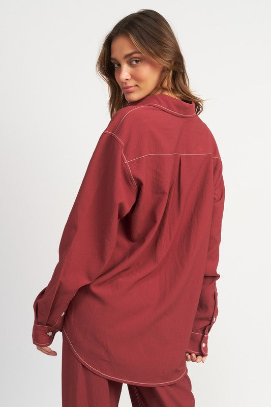 CONTRASTED STITCH BUTTON DOWN SHIRT-Charmful Clothing Boutique