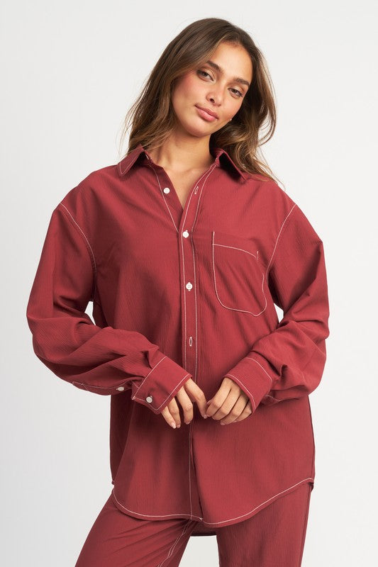 CONTRASTED STITCH BUTTON DOWN SHIRT-Charmful Clothing Boutique