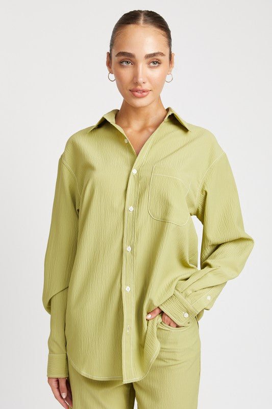 CONTRASTED STITCH BUTTON DOWN SHIRT-Charmful Clothing Boutique