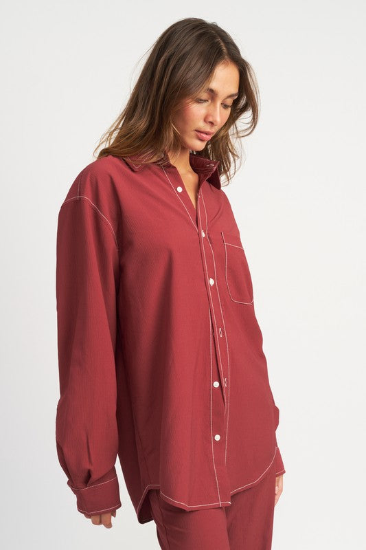 CONTRASTED STITCH BUTTON DOWN SHIRT-Charmful Clothing Boutique