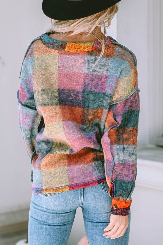 Mustard Red plaid button Shacket Cardigan Sweater-Charmful Clothing Boutique