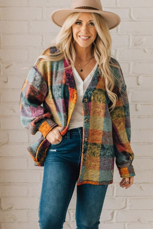 Mustard Red plaid button Shacket Cardigan Sweater-Charmful Clothing Boutique