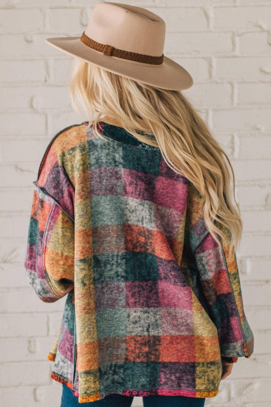 Mustard Red plaid button Shacket Cardigan Sweater-Charmful Clothing Boutique