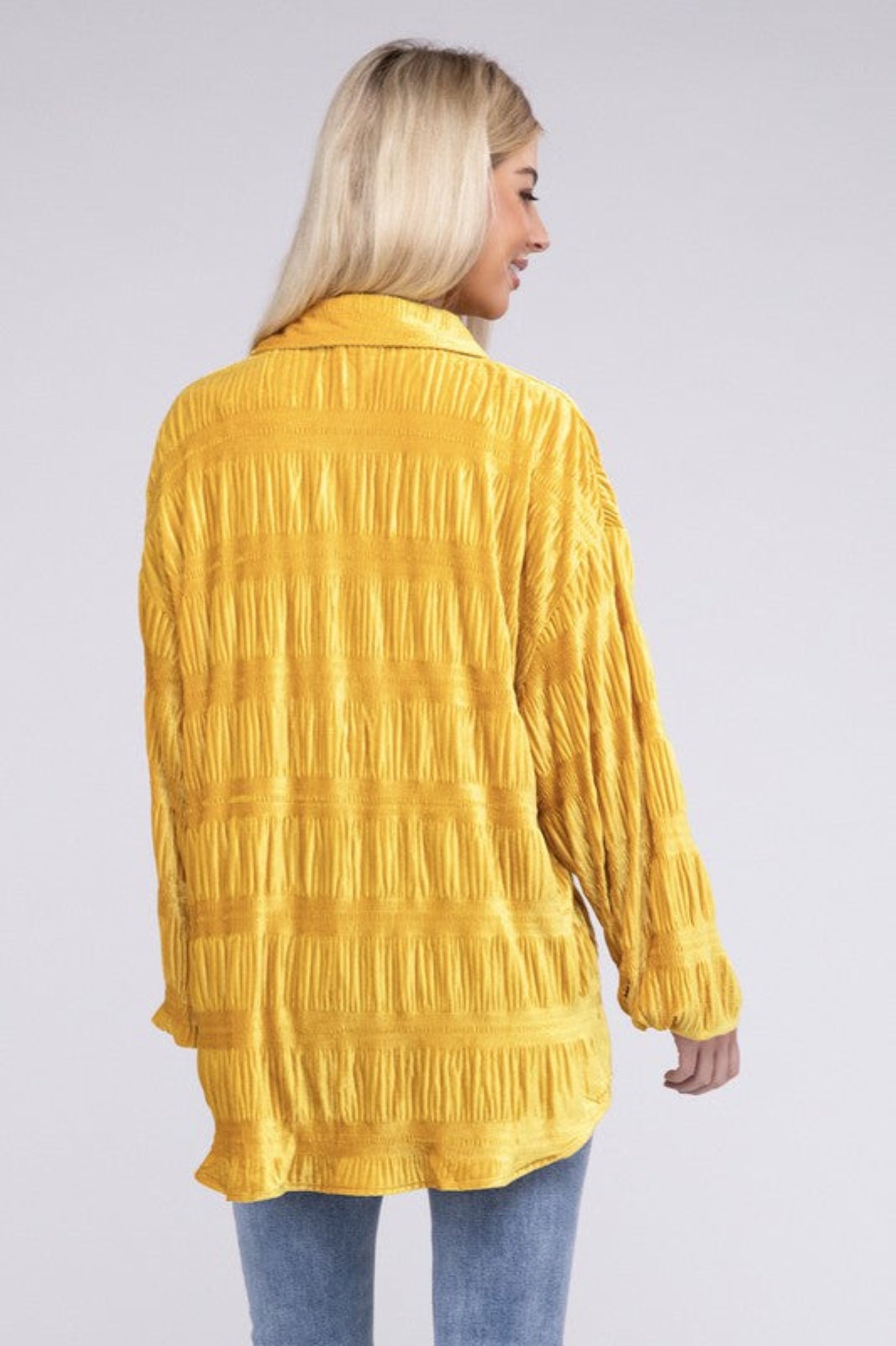 Wrinkle Effect Tiered Shirring Velvet Shirt-Charmful Clothing Boutique