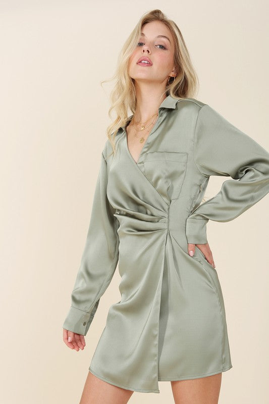 Satin collared wrap mini dress-Charmful Clothing Boutique