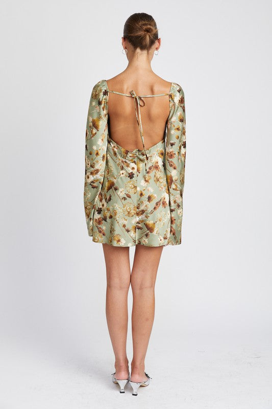 FLORAL LONG SLEEVE MINI DRESS WITH OPEN BACK-Charmful Clothing Boutique