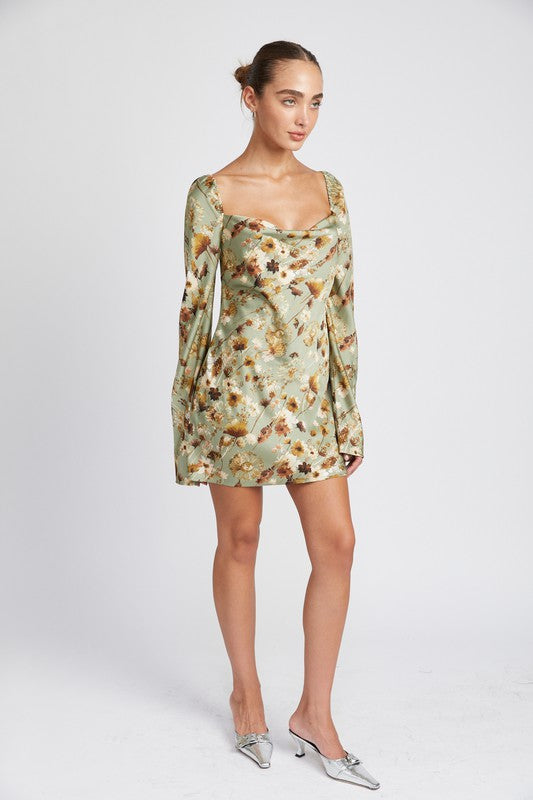 FLORAL LONG SLEEVE MINI DRESS WITH OPEN BACK-Charmful Clothing Boutique