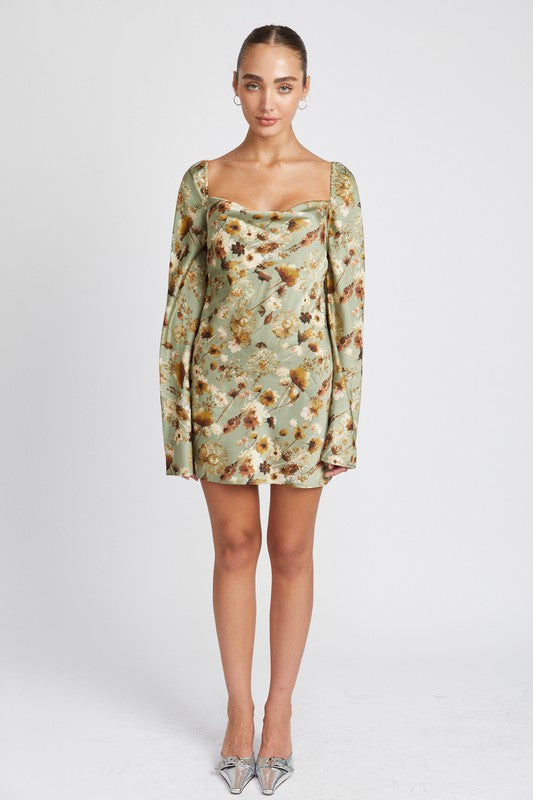 FLORAL LONG SLEEVE MINI DRESS WITH OPEN BACK-Charmful Clothing Boutique