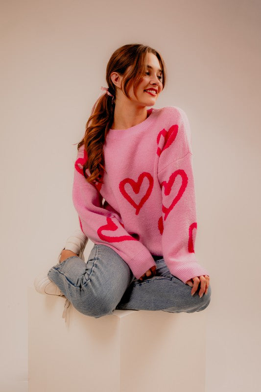 Long Sleeve Round Neck Heart Printed Sweater-Charmful Clothing Boutique