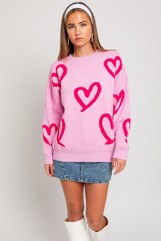 Long Sleeve Round Neck Heart Printed Sweater-Charmful Clothing Boutique