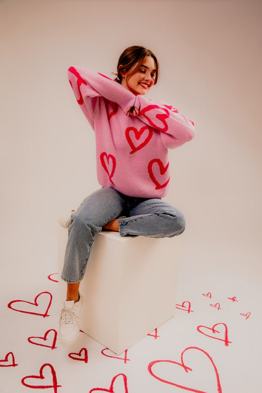 Long Sleeve Round Neck Heart Printed Sweater-Charmful Clothing Boutique