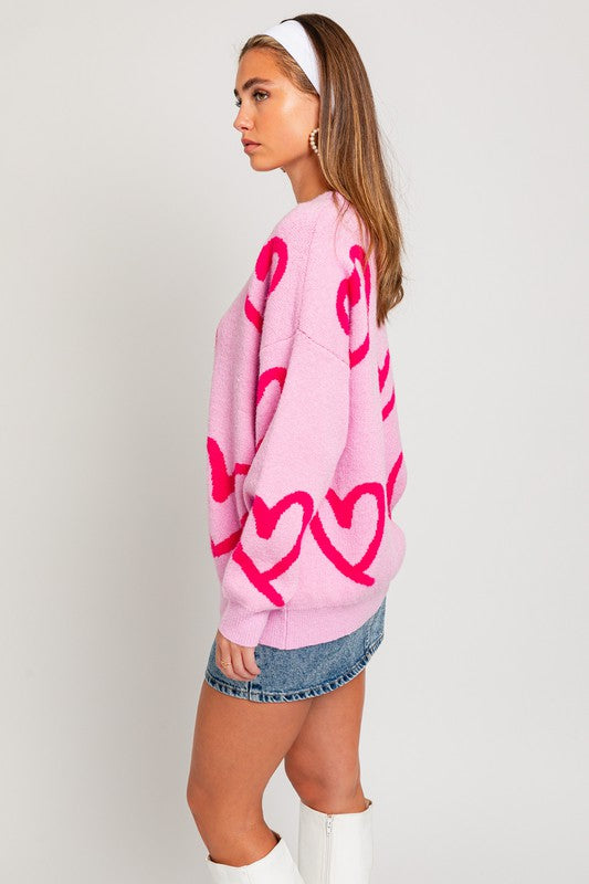 Long Sleeve Round Neck Heart Printed Sweater-Charmful Clothing Boutique