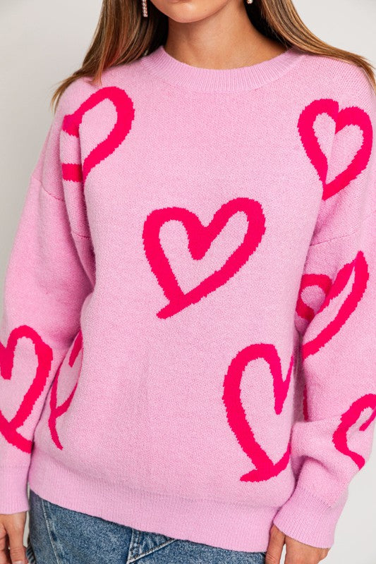 Long Sleeve Round Neck Heart Printed Sweater-Charmful Clothing Boutique