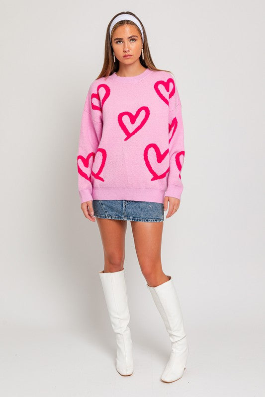 Long Sleeve Round Neck Heart Printed Sweater-Charmful Clothing Boutique