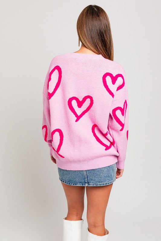 Long Sleeve Round Neck Heart Printed Sweater-Charmful Clothing Boutique
