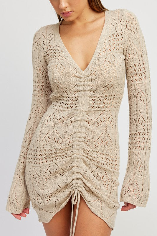 RUCHED CROCHET MINI DRESS-Charmful Clothing Boutique