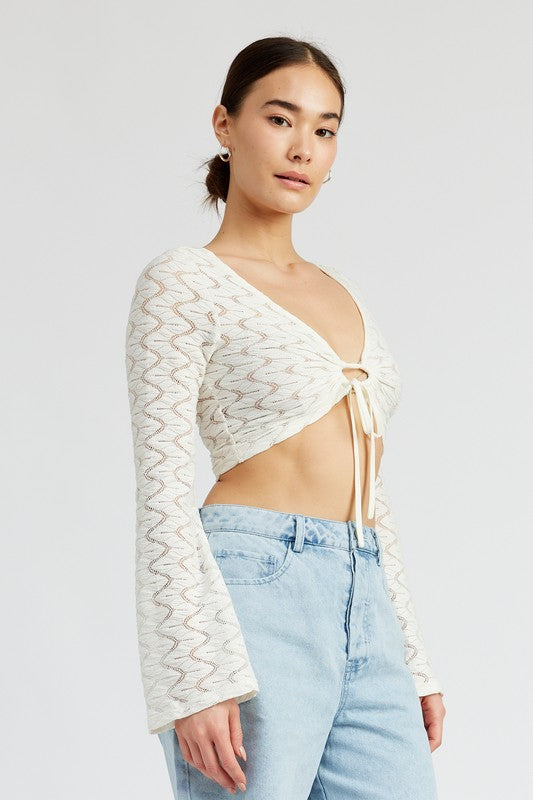 CROCHET BELL SLEEVE TOP WTIH FRONT O RING-Charmful Clothing Boutique