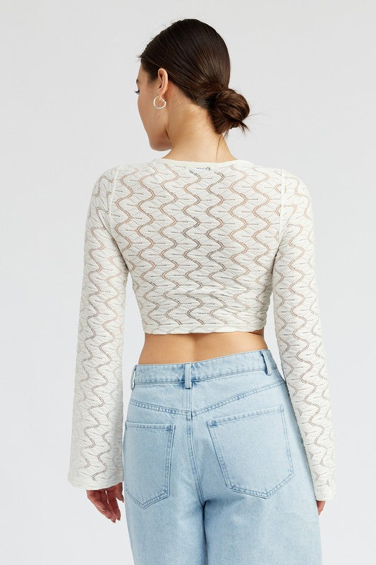 CROCHET BELL SLEEVE TOP WTIH FRONT O RING-Charmful Clothing Boutique