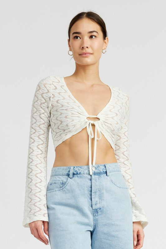 CROCHET BELL SLEEVE TOP WTIH FRONT O RING-Charmful Clothing Boutique