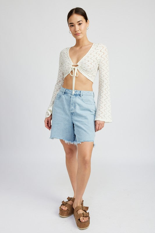 CROCHET BELL SLEEVE TOP WTIH FRONT O RING-Charmful Clothing Boutique