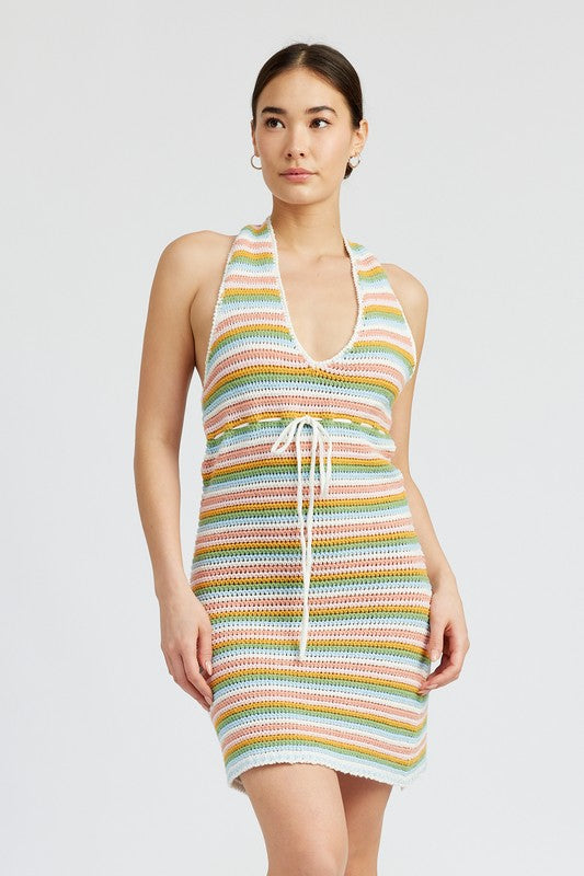STRIPED CROCHET MINI DRESS WTIH HALTER NECK-Charmful Clothing Boutique