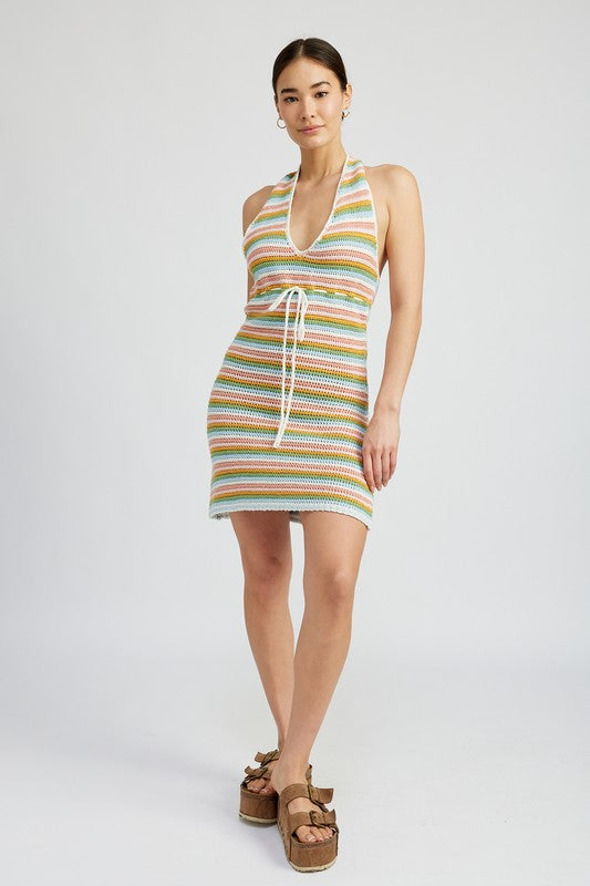 STRIPED CROCHET MINI DRESS WTIH HALTER NECK-Charmful Clothing Boutique