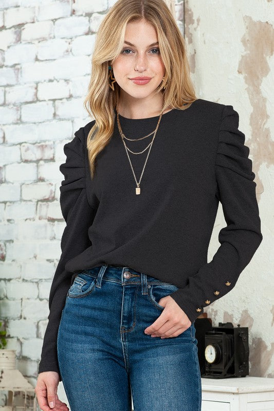 Basic Buttoned Puff Long Sleeve blouse top-Charmful Clothing Boutique