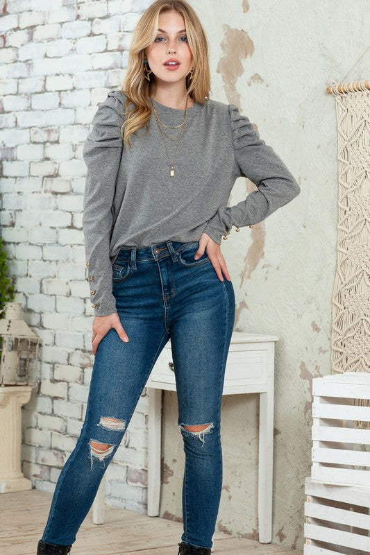 Basic Buttoned Puff Long Sleeve blouse top-Charmful Clothing Boutique