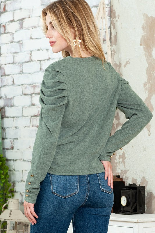 Basic Buttoned Puff Long Sleeve blouse top-Charmful Clothing Boutique